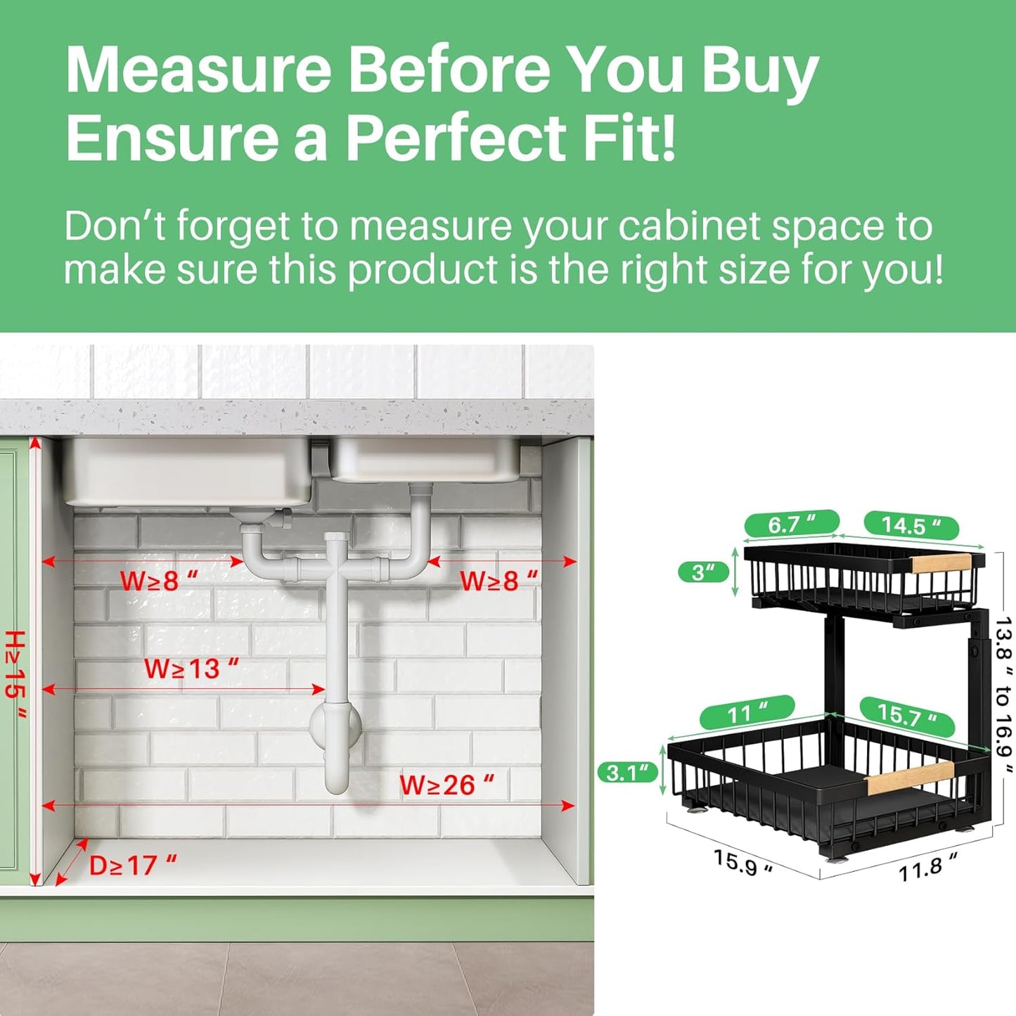 Under Sink Organizer, 2 Packs 2 Tier Under Sink Organizers and Storage, Slide out Pull out Cabinet Organizer Shelf, Metal Sliding Drawer for Kitchen Bathroom Pantry Cabinet Closet Organization Rack