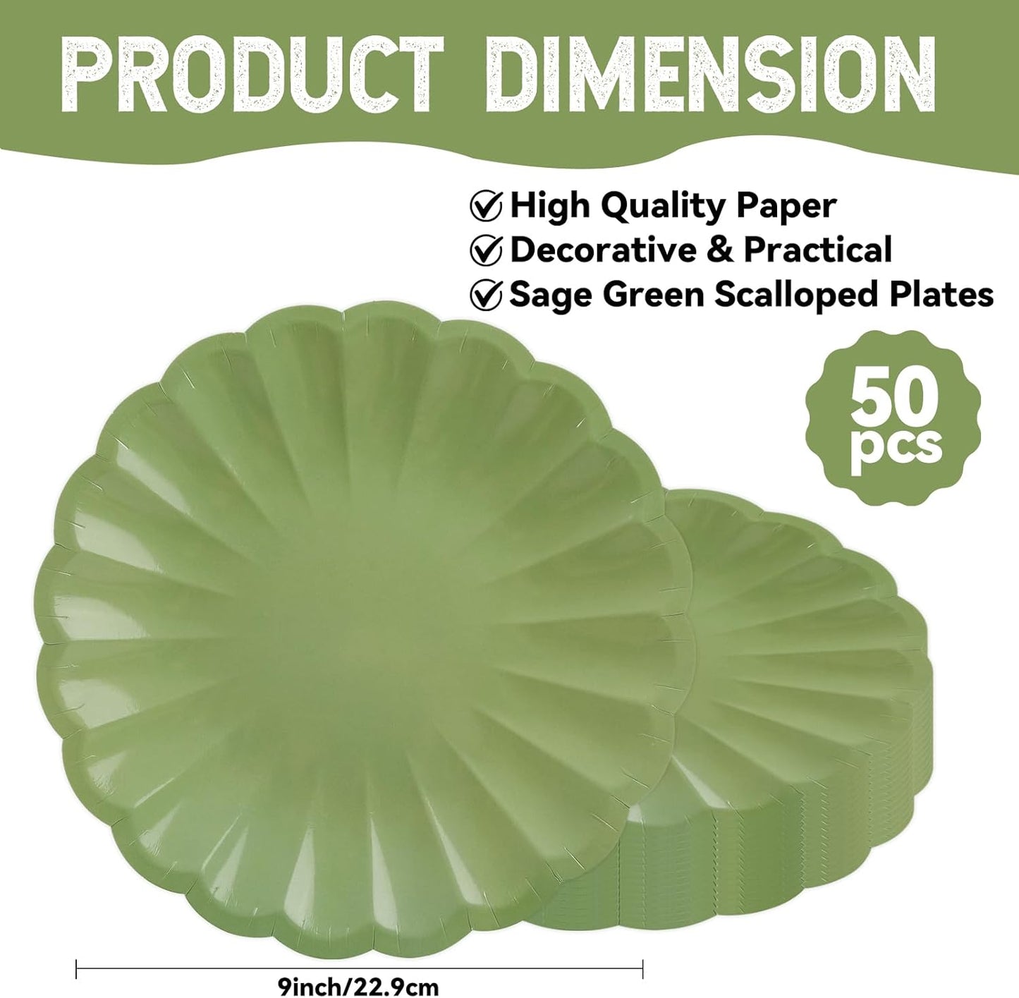 50Pcs Large Scalloped Sage Green Paper Plates 9Inch Shell Edge Dinner Plates for Cake Salad Fruit Disposable Dinner Serving Plates for Birthday Wedding Baby Shower Party Decorations