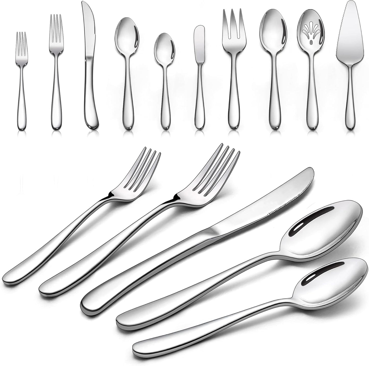 LIANYU 65-Piece Heavy Duty Silverware Set with Serving Utensils, Stainless Steel Flatware Set for 12, Thick Cutlery Eating Utensils Include Fork Knife Spoon, Mirror Finished, Dishwasher Safe