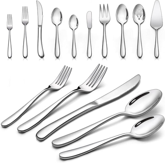 LIANYU 45-Piece Heavy Duty Silverware Set with Serving Utensils, Stainless Steel Flatware Set of 8, Thick Cutlery Eating Utensils Include Fork Knife Spoon, Mirror Finished, Dishwasher Safe