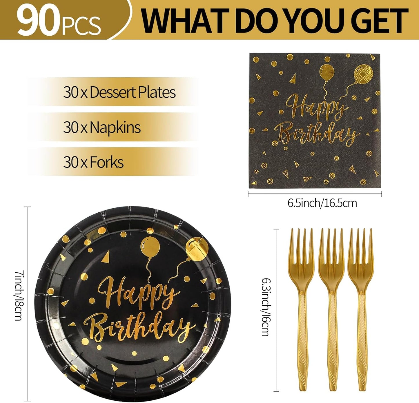 90PCS Happy Birthday Plates and Napkins Party Supplies, Disposable Black Gold Dot Dessert Paper Plates Napkins with Forks Tableware Set Party Decorations for Girl Women Birthday Parties