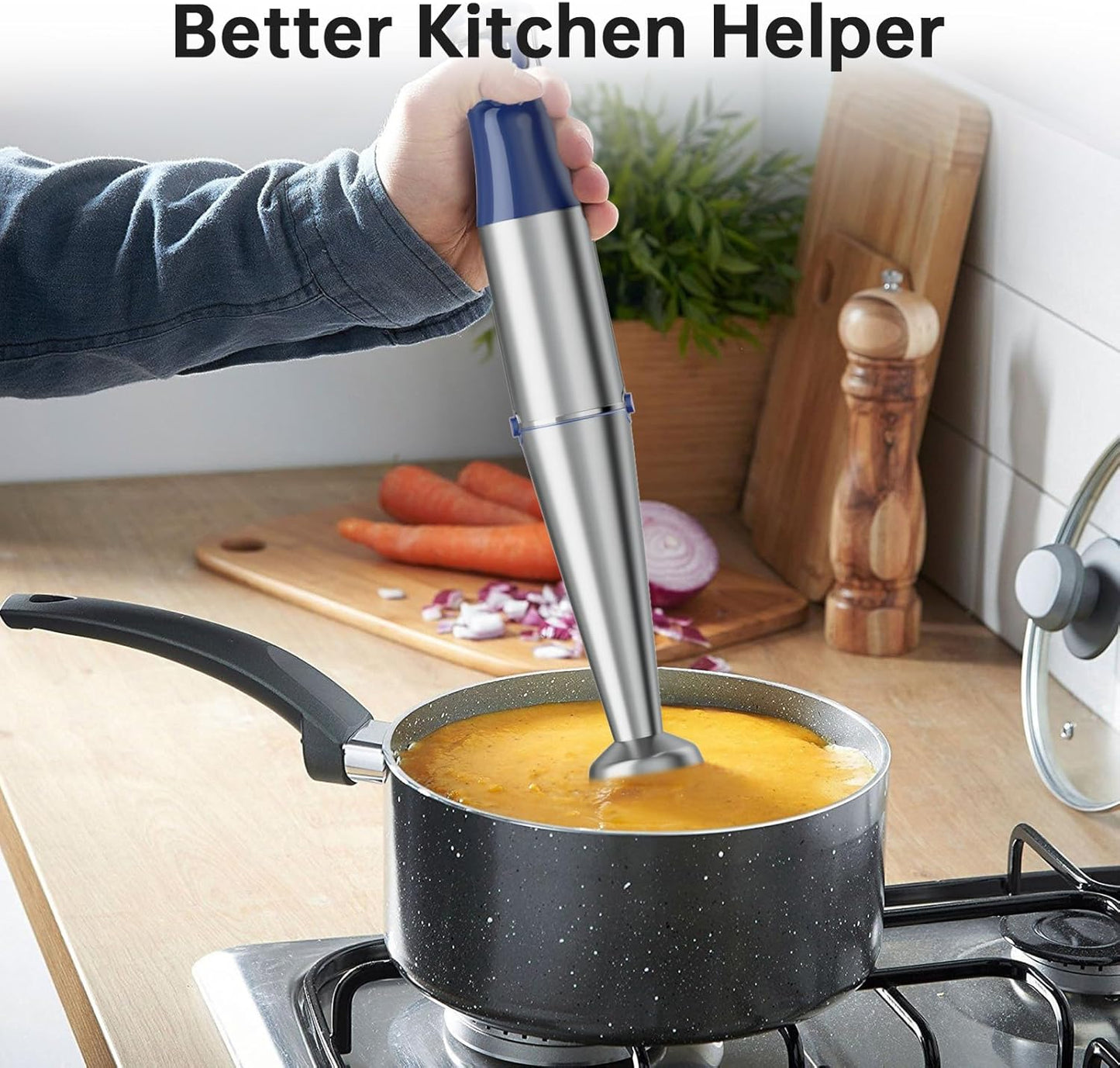 Immersion Blender Handheld Corded Hand Blenders Set 1100W, Trigger Variable Speed 5 in 1 Stick Emulsifier with Chopper, Whisk and Frother for Soup, Baby Food and Smoothies, Navy Blue