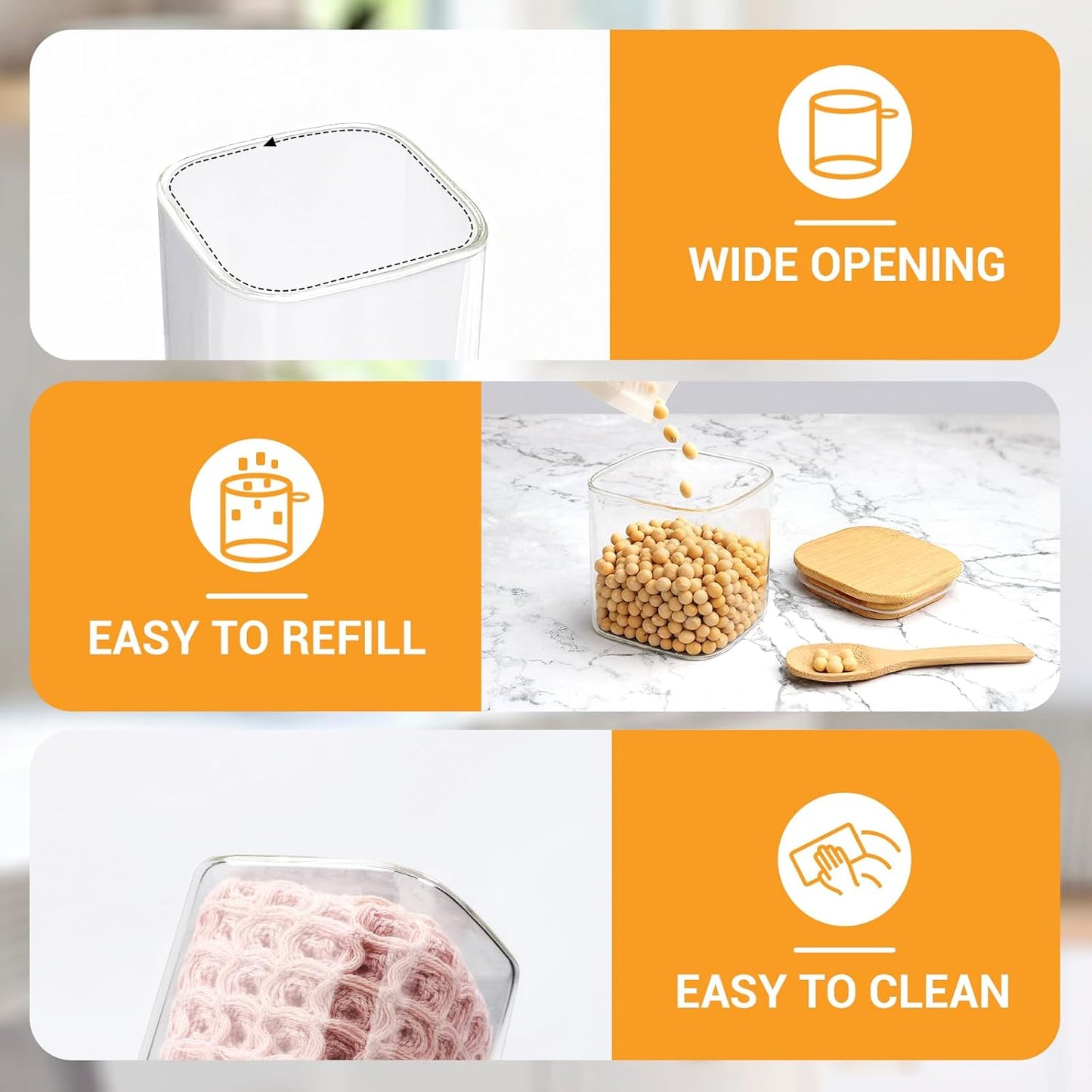 Square Glass Jars with Bamboo Lids, 12 Fl.oz Glass Storage Jars with Airtight Lids Set of 4, Clear Pantry Canister for Spice, Sugar, Coffee Bean, Tea, Oats - Included Labels, Marker and Spoon