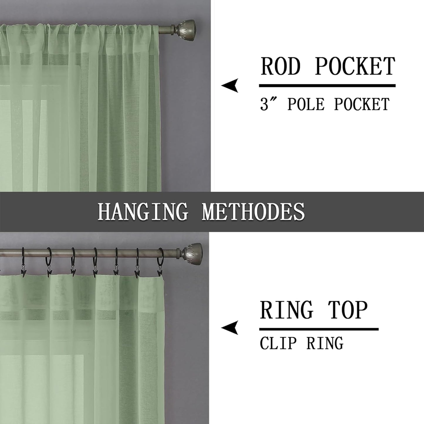 Tollpiz Sheer Curtains Living Room Linen Textured Curtain Sheers Light Filtering Voile Rod Pocket Curtains for Bedroom, 38 x 63 inches Long, Sage Green, Set of 2 Panels