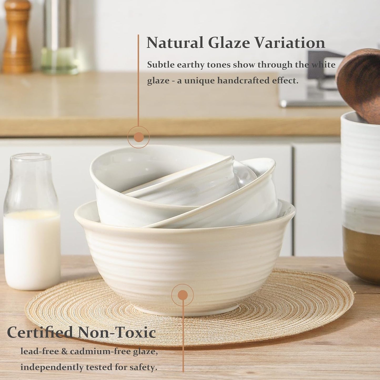 Hasense Ceramic Mixing Bowls, 2.1/1.5/1.0/0.5 Qt, Nesting Bowls for Cooking, Baking, Serving Dishes for Salad, Fruits, Popcorn, Dishwasher & Microwave Safe, Set of 4, Clay-Infused White