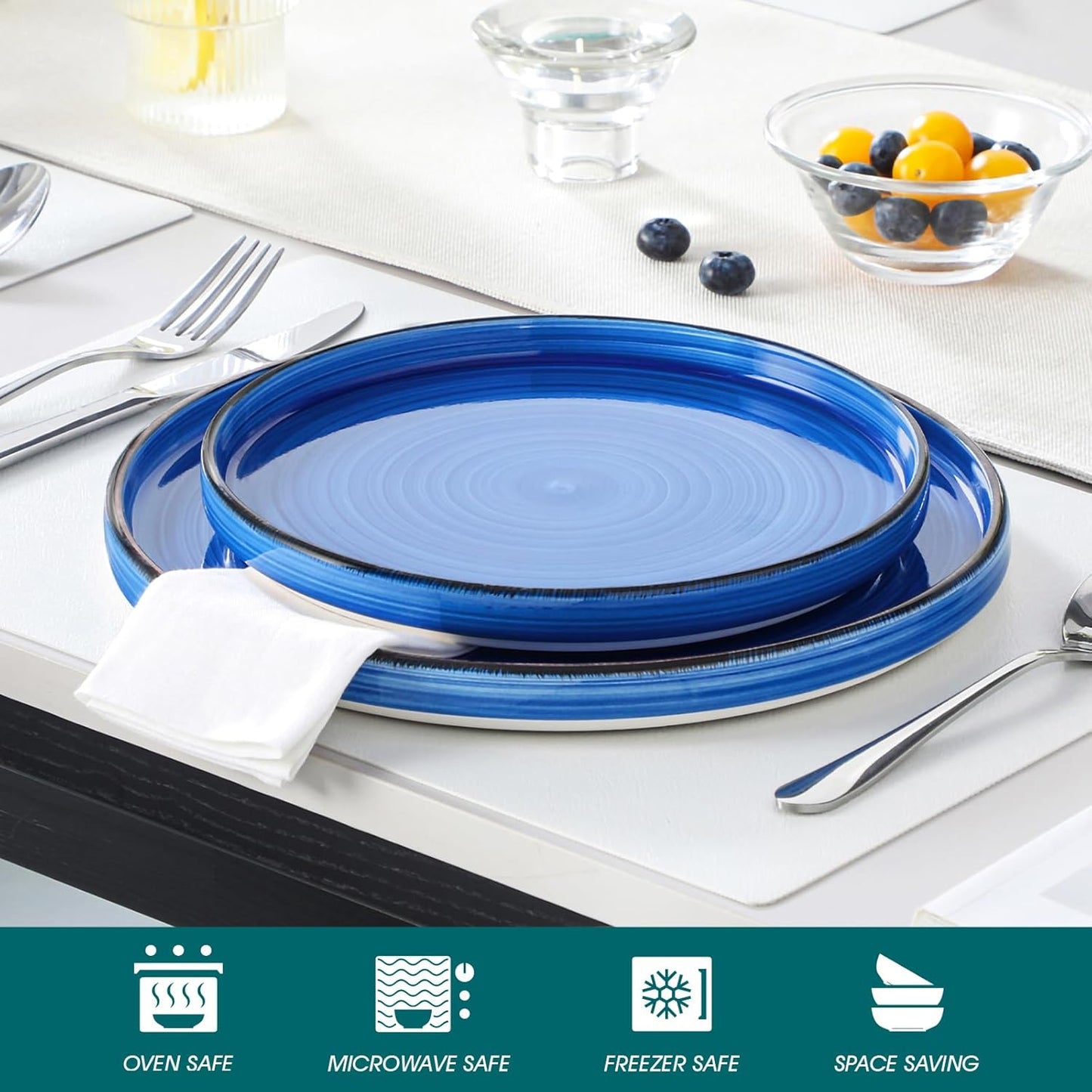 vancasso Bonita 10.5 Inch Dinner Plates, Ceramic Dinner Plate Set, Dinner Plates Set of 6, Large Dinnerware Plates for Kitchen, Microwave, Oven and Dishwasher Safe, Blue