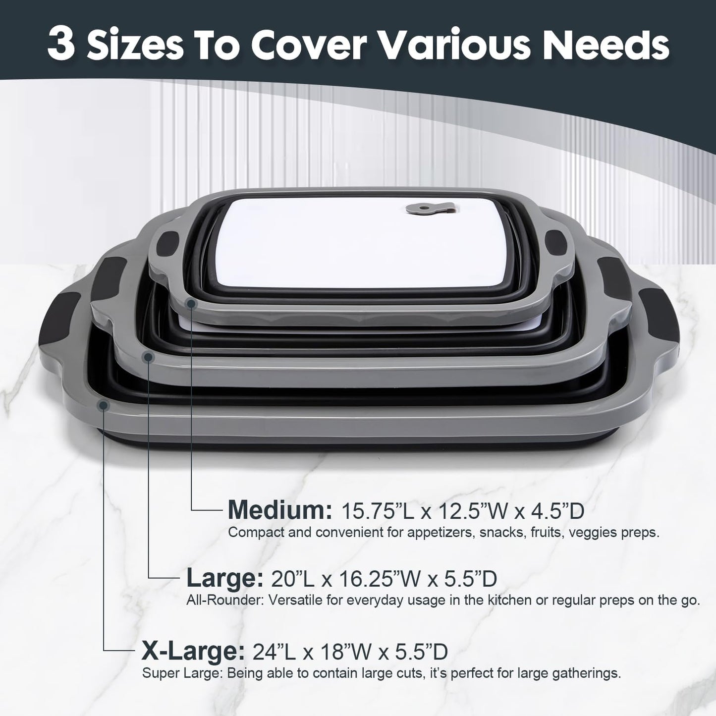 TANOSHII 3-Piece Collapsible BBQ Prep Tubs with Lids and Built-in Cutting Board – For Meal Prep Marinating Food Storage&Washing – Picnic Camping – Set of 3 – (1) Medium + (1) L + (1) XL – Black