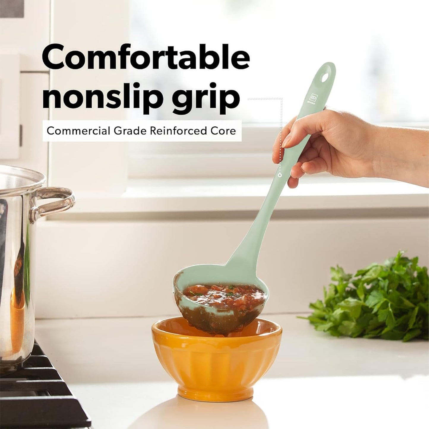 DI ORO Silicone Ladle & Spoons for Cooking – Large Kitchen Spoons for Mixing, Serving, & Stirring - Soup Ladle with Wide Bowl - High Heat Silicone Kitchen Utensils for Nonstick Cookware Safe (Sage)