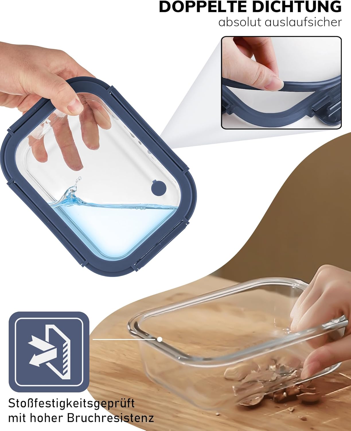 5-Pack Borosilicate Glass Containers with Tempered Lids, 35.2oz/4.4 Cup Airtight Meal Prep Set, Microwave/Freezer Safe (Blue)