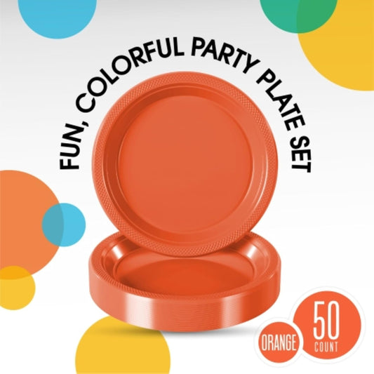 Exquisite Party Solids Orange Plastic Plates For Party Supplies 9" Orange Disposable Plates Heavy Duty 50 Pcs Plastic Dinnerware Sets Heavy Duty 350 GSM Disposable Dinnerware Set