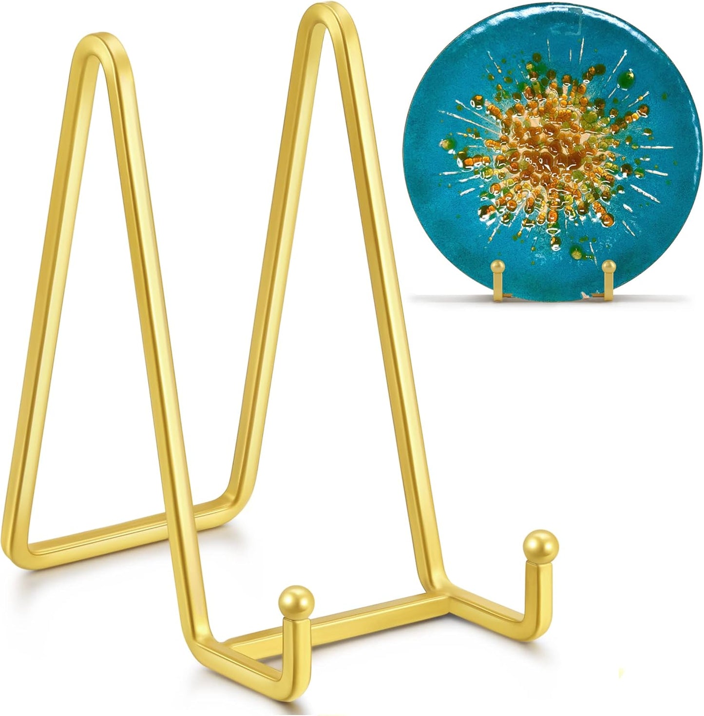 6 Inch Metal Square Wire Plate Stands for Display - Gold 2 Pack Holder Stand + Picture Frame Easel for Book, Decorative Plaque, Photo, Platter