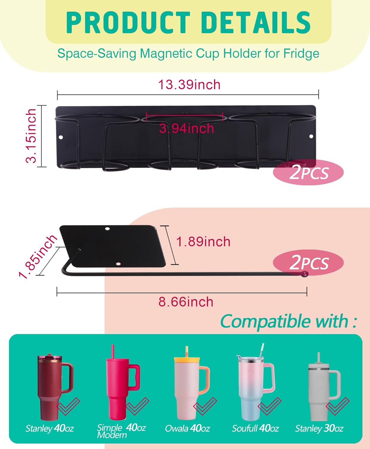 Magnetic Tumbler Holder for Stanley, Magnetic Cup Organizer for Refrigerator, Compatible with Stanley 30oz & 40oz Tumblers, Water Bottle Magnetic Rack (Dark Gray, 6 Tumblers& 2 Lid Holder)