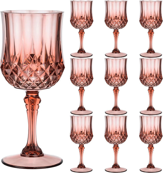 7OZ Plastic Wine Glasses, 10Pcs Rose Red Reusable Drinking Cups Vintage Champagne Flutes, Plastic Crystal Water Goblets for Parties Stemmed Shatterproof Drinking Glasses for Wedding, Toasting Party