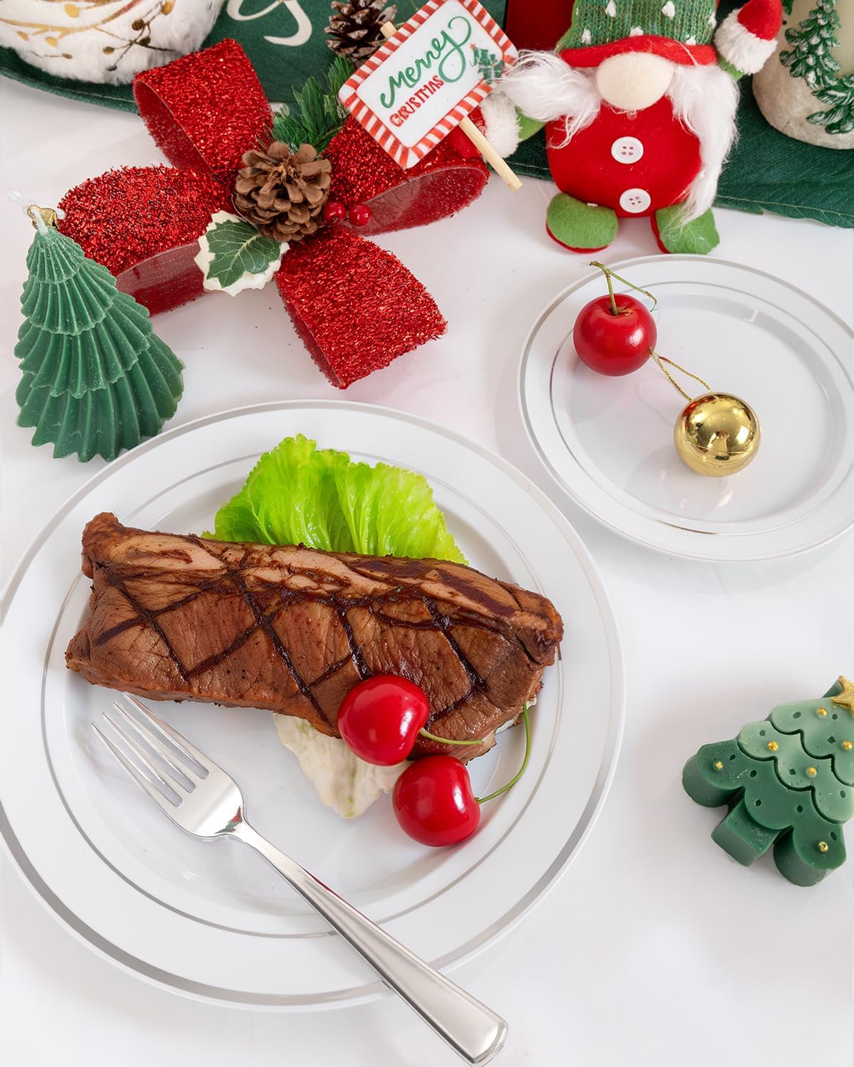 WDF 175PCS White and Silver Plastic Plates - Christmas Plastic Plates - 25Guests Silver Disposable Dinnerware Sets for Wedding/Birthday/Christmas