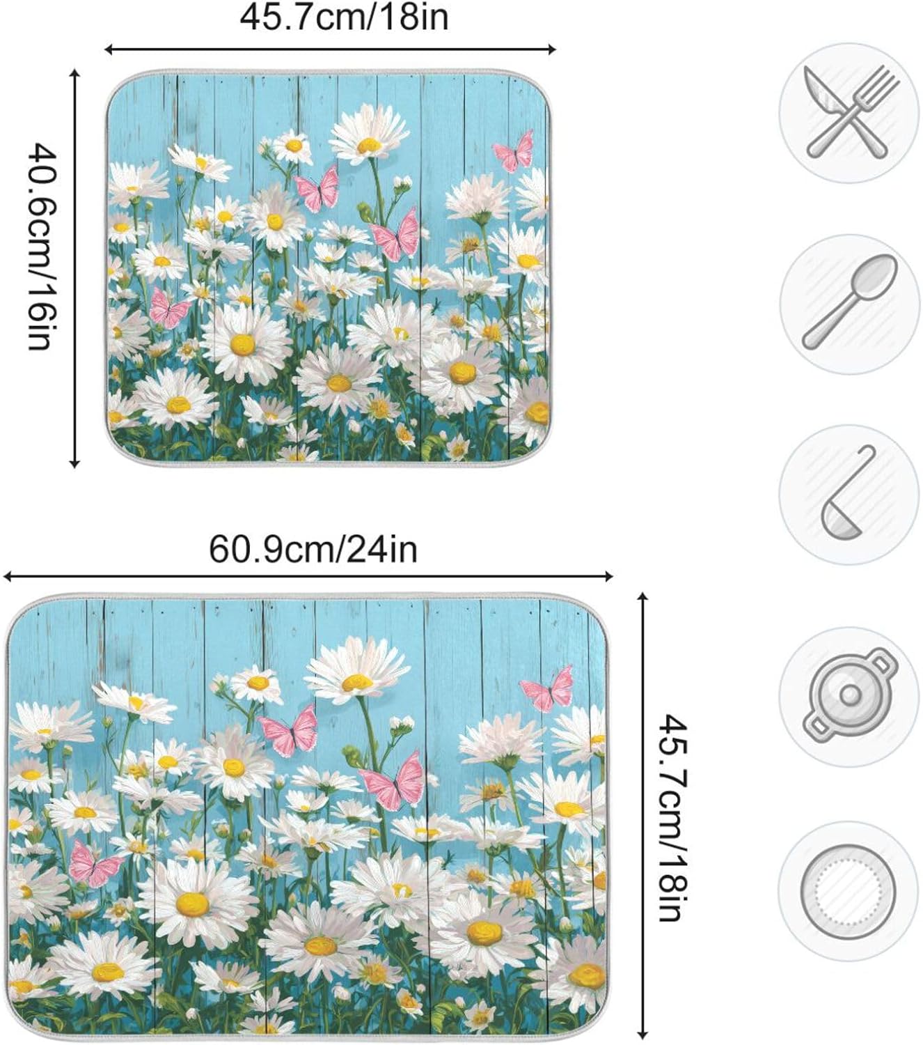 Daisies Flower Pink Butterflies Dish Drying Mat for Kitchen Counter Super Absorbent Dishes Pad Reversible Microfiber Protector Dish Draining Mats 16x18 inch