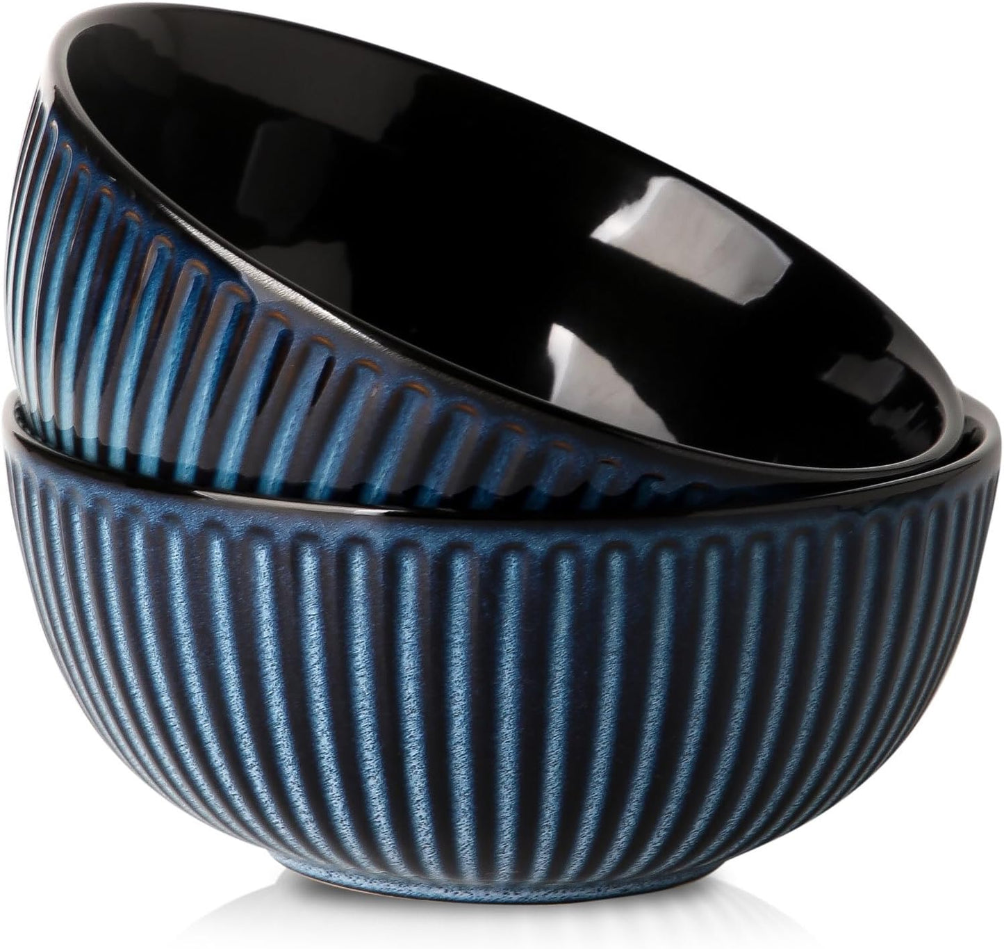 Hasense Large Salad Bowls of 2, Porcelain 60 Oz Serving Bowl 8 Inch for Kitchen Dining,Elegant Ribbed Ceramic Dishes for Party,Soup,Pho,Pasta,Cereal,Fruit - Dishwasher & Microwave Safe, Blue