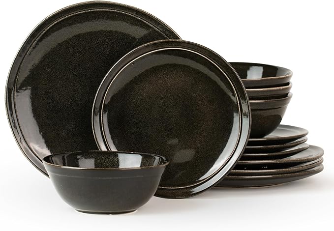 Famiware Aegean Dinnerware Set for 4, 12-Piece Plates and Bowls Sets, Stoneware Scratch Resistant Dinner Set, Handmade Irregular Round Dishes, Microwave and Dishwasher Safe, Black Coffee