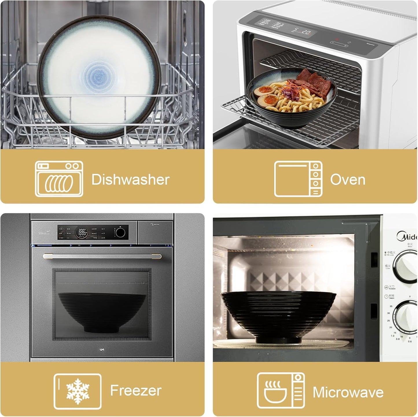 8 Inch Ceramic Ramen Bowl Set of 2, 40oz Japanese Bowls with Spoons & Chopsticks,Durable,Microwave & Dishwasher Safe,Perfect for Ramen,Pho,Salad,Soup,Noodles，Mixing bowls（Midnight）