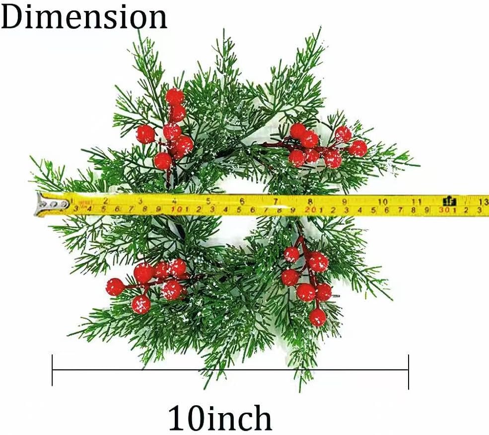 4Pcs Mini Christmas Candle Rings Wreaths, 10Inch Christmas Pine Kitchen Cabinet Candle Holder with Red Berries for Table Cenderpiece Chair Wall Window Decor