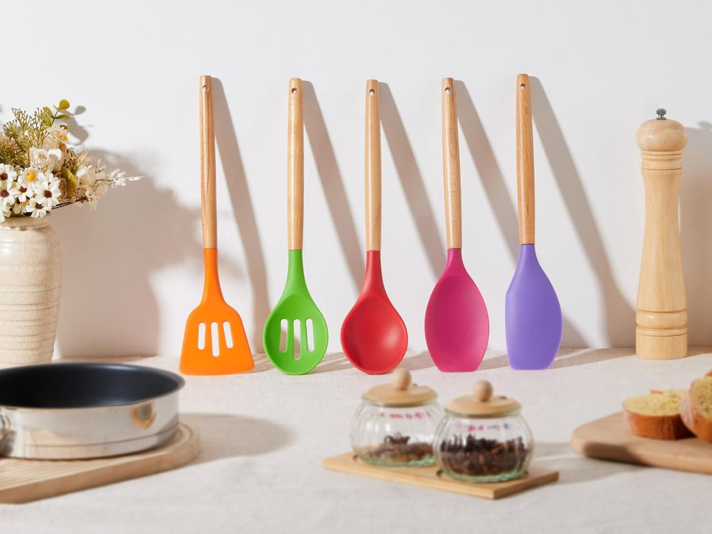 E-far Silicone Cooking Utensils Set, 5-Piece Kitchen Utensils Set with Wooden Handle for Cooking, Silicone Kitchen Nonstick Tools Spatula Turner Slotted Spoons, Nontoxic & Heat Resistant-Colorful