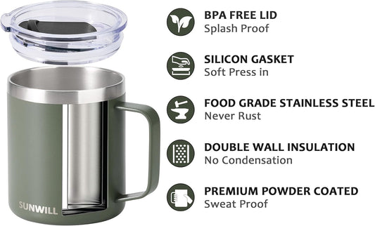 SUNWILL Travel Coffee Mug with Lid, Insulated Tumbler with Handle, 14 oz Stainless Steel Cup for Home, Office, Camping, Powder Coated Camp Green