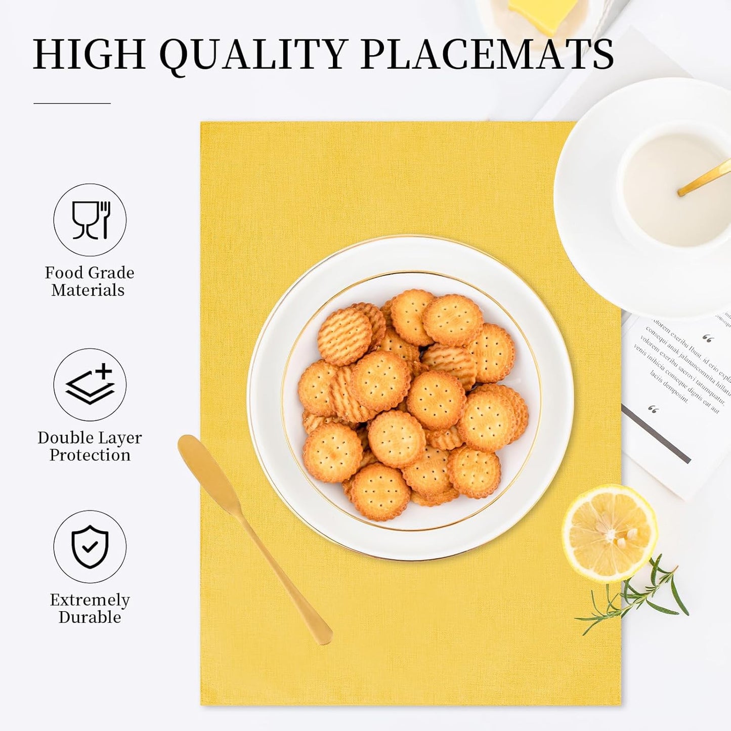 Placemats Set of 6 Linen Type Fabric Cloth Placemats, 19 x 13 Inch Double Layered Thick Wrinkle Free Heat Resistant Table Place, for Dining, Kitchen, Party (Yellow, 48 * 33cm)