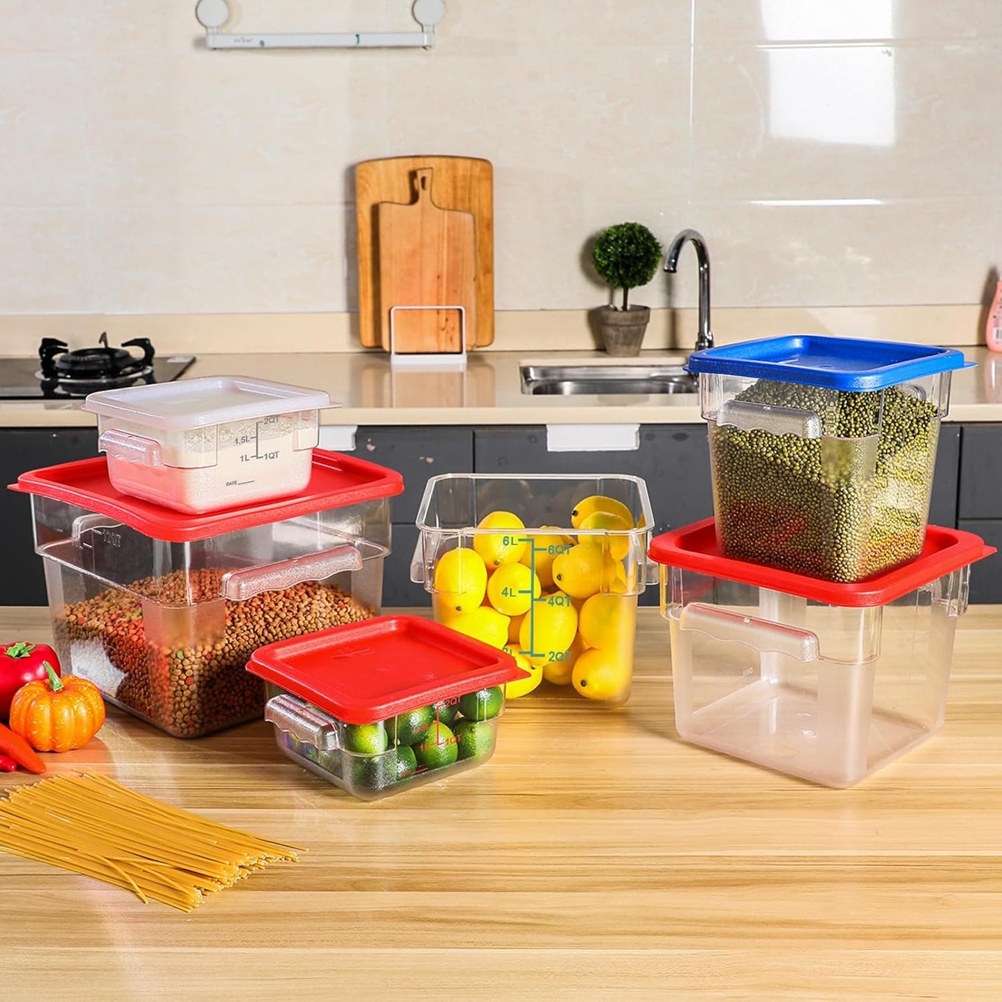 Maxcheck 4 Pcs 4Qt Food Storage Container with Lids Set Square Clear Commercial Containers with Scale and Handle Space Saving for Home Kitchen Restaurant Proof Dough Marinating Meat (White, Blue)