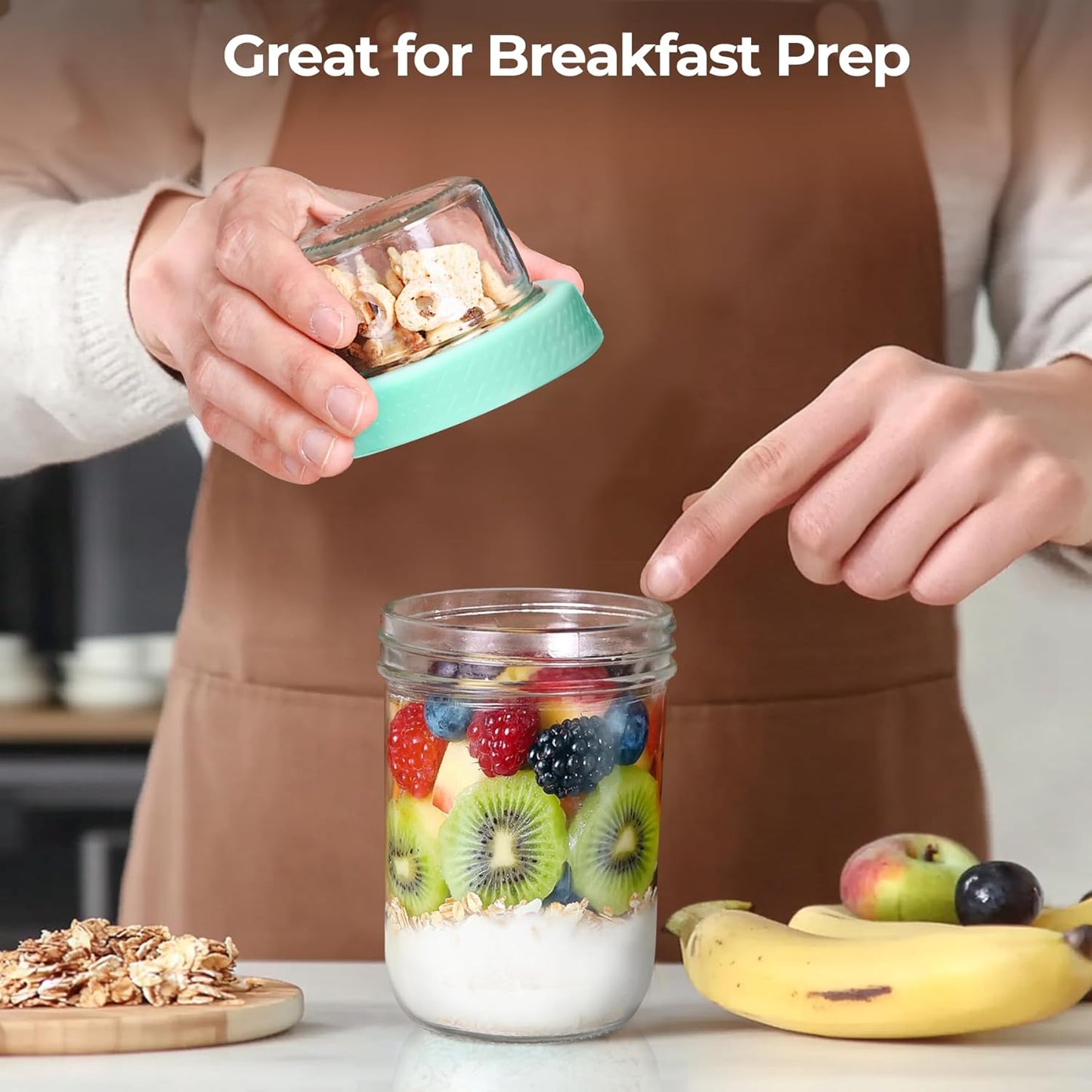 ComSaf 4-Pack 16 oz Overnight Oats Containers with Lids, Dual-Laryer Chia Pudding Jars with Dry and Wet Separation, Yogurt Parfait Cups for Oatmeal Cereal Nut Fruit, Meal Prep Glass Jars for Salad