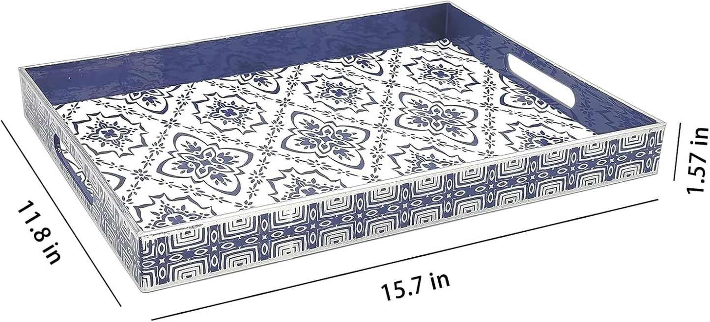 Serving Tray with Handles, 15.7 * 11.8 inches, Plastic Ottoman Tray with Exquisite Paintings, Trays for Coffee Table