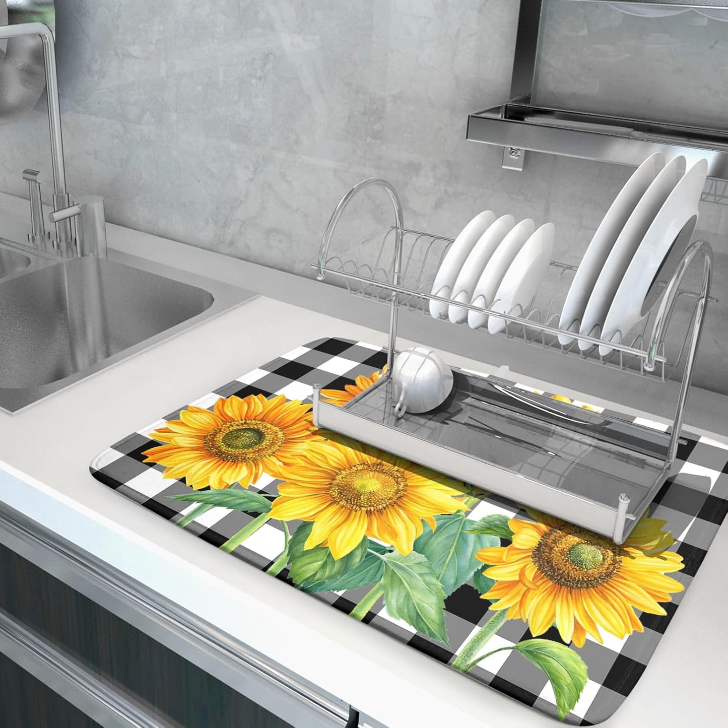 Sunflower Drying Mats for Kitchen Counter 18×24 Inch Black and White Buffalo Plaid Sunflower Large Drying Mat for Dishes Microfiber Dish mat Rack Mat Drainer Pad Washable Absorbent Dry Mat