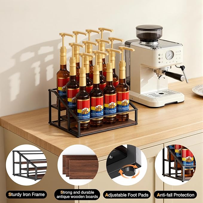 Coffee Syrup Organizer Rack, Liquor Bottle Display Shelf, 3 Tier 12 Syrup Bottles Holder Stand for Coffee Bar Kitchen Small Wine Rack for Family Storage for Syrup Wine Dressing