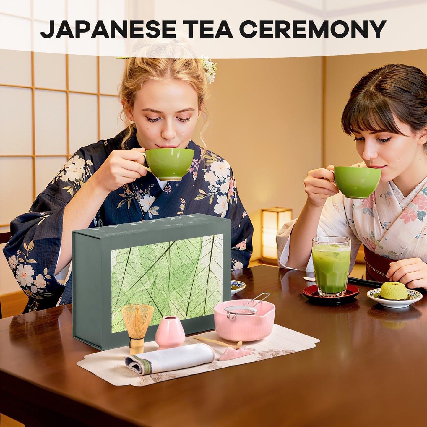 Traditional Matcha Tea Set, 8-Piece Ceremonial Kit with Ceramic Bowl, Bamboo Whisk, Holder, Scoop, Rest and Sifter-Pink