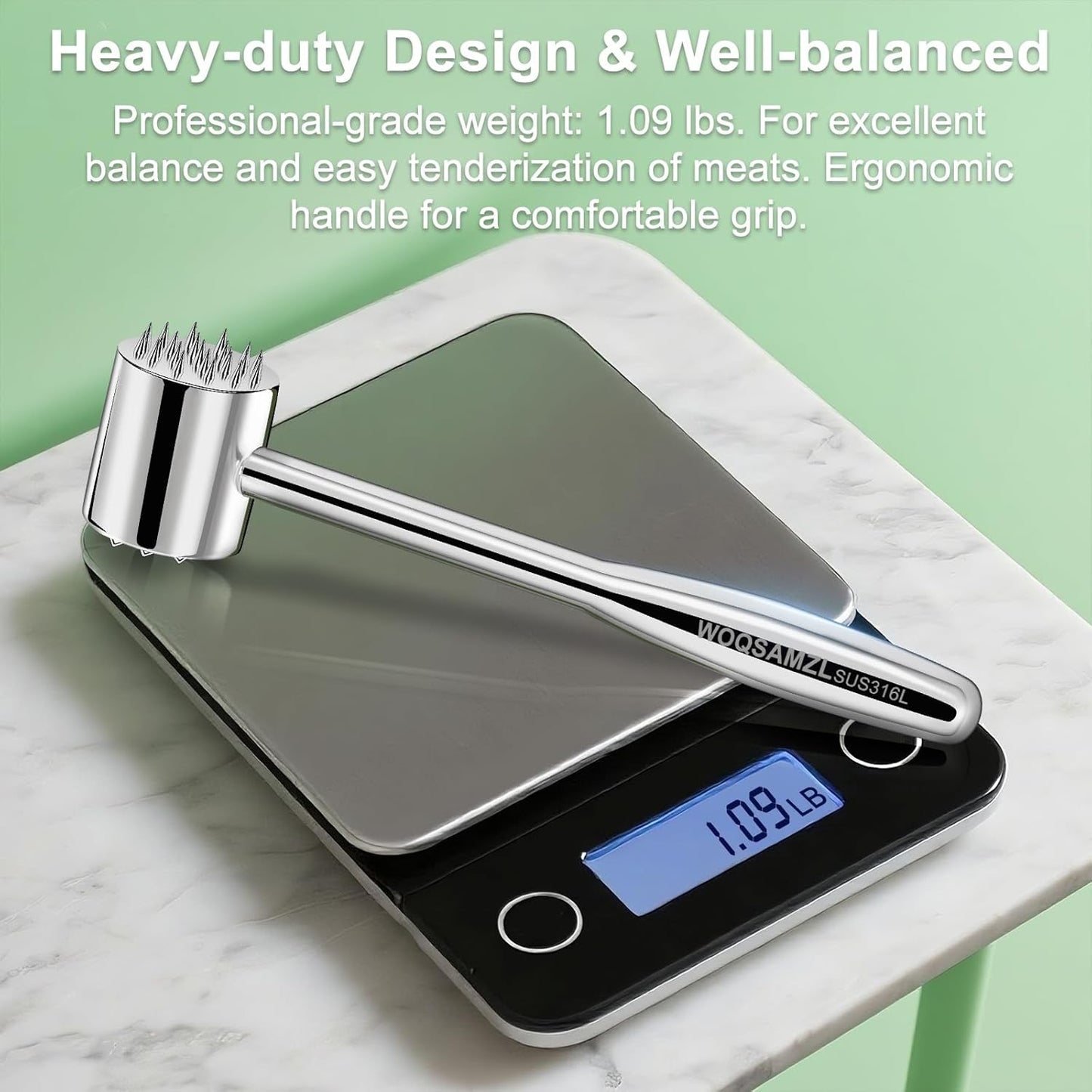 Real 316L Stainless Steel Meat Mallet Tenderizer Tool,Professional 2-in-1 Meat Hammer,Dual-Sided with Spikes & Studs,Commercial Grade Kitchen Solid Mallet Pounder, Heavy Duty 1.09LB,Dishwasher Safe