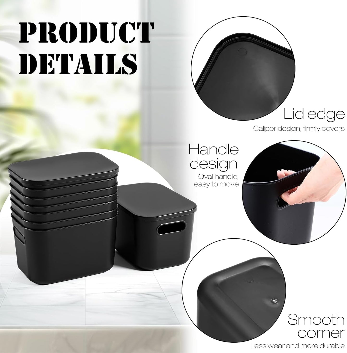 Hoolerry 8 Pieces Colorful Storage Bins with Lid, Plastic Storage Basket Organizing Container Stackable Box with Handle for Shelves Desktop Playroom Office(9.8 x 7.1 x 6.3 Inch,Black)