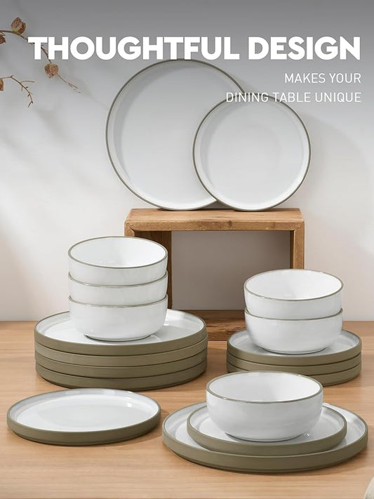 Famiware Nature Plates and Bowls Set, 18 Pieces Dinnerware Sets, Dishware Sets, Dishes Set for 6, Microwave and Dishwasher Safe, Snowy White