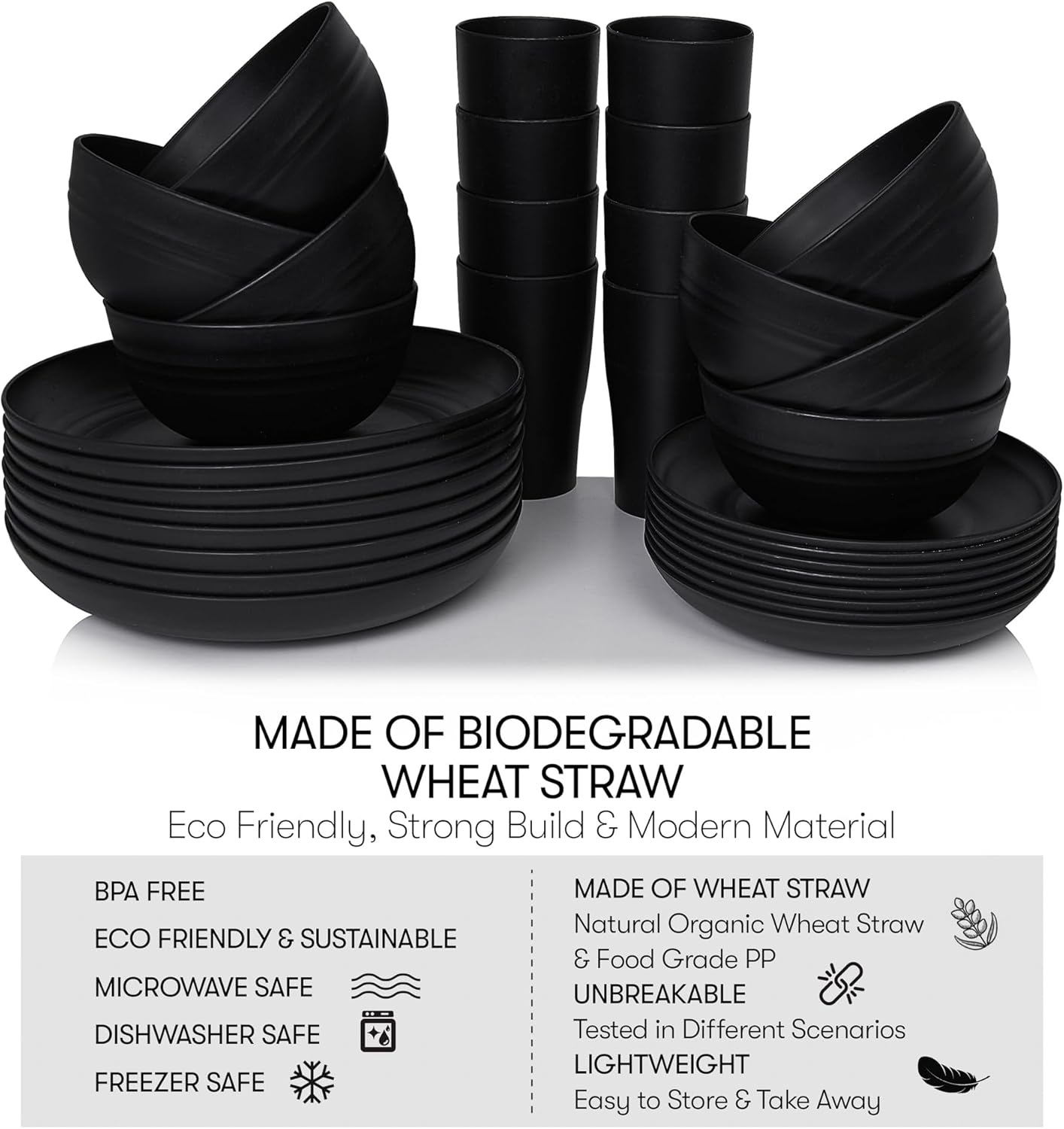 Wheat Straw Dinnerware Sets | Unbreakable Dinnerware Sets | Dishwasher Microwave Safe Dinnerware | Eco Friendly Non Breakable Dinnerware Sets | RV Outdoor Camping (Black, Service for 8 (32 pcs))