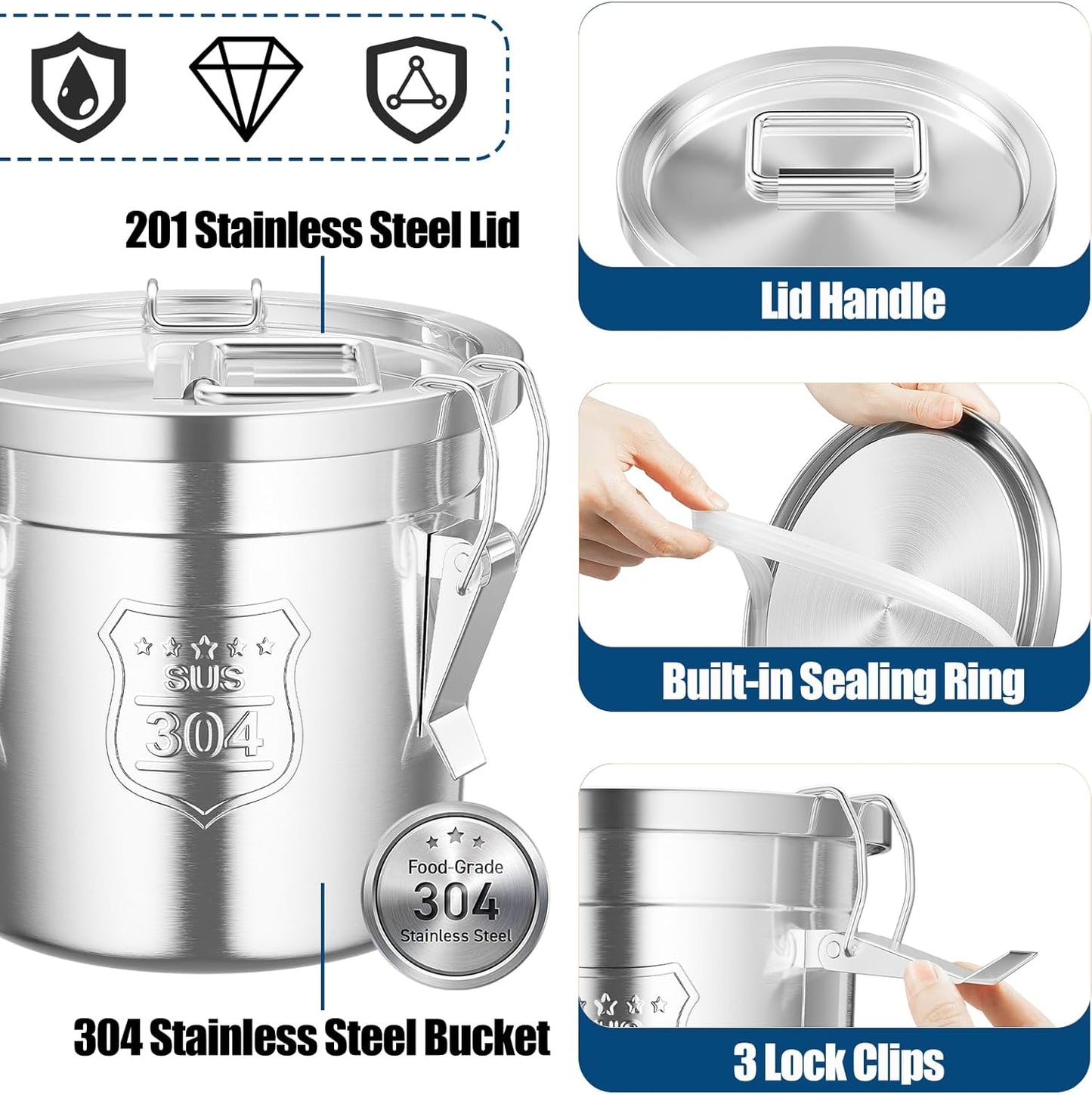 304 Stainless Steel Airtight Canister, 1.6Gal /203oz/6L Airtight Food Storage Container with Lid Lock Clips, Flour Container Metal Bucket Food Storage Container for Rice, Flour, Grain, Coffee Bean