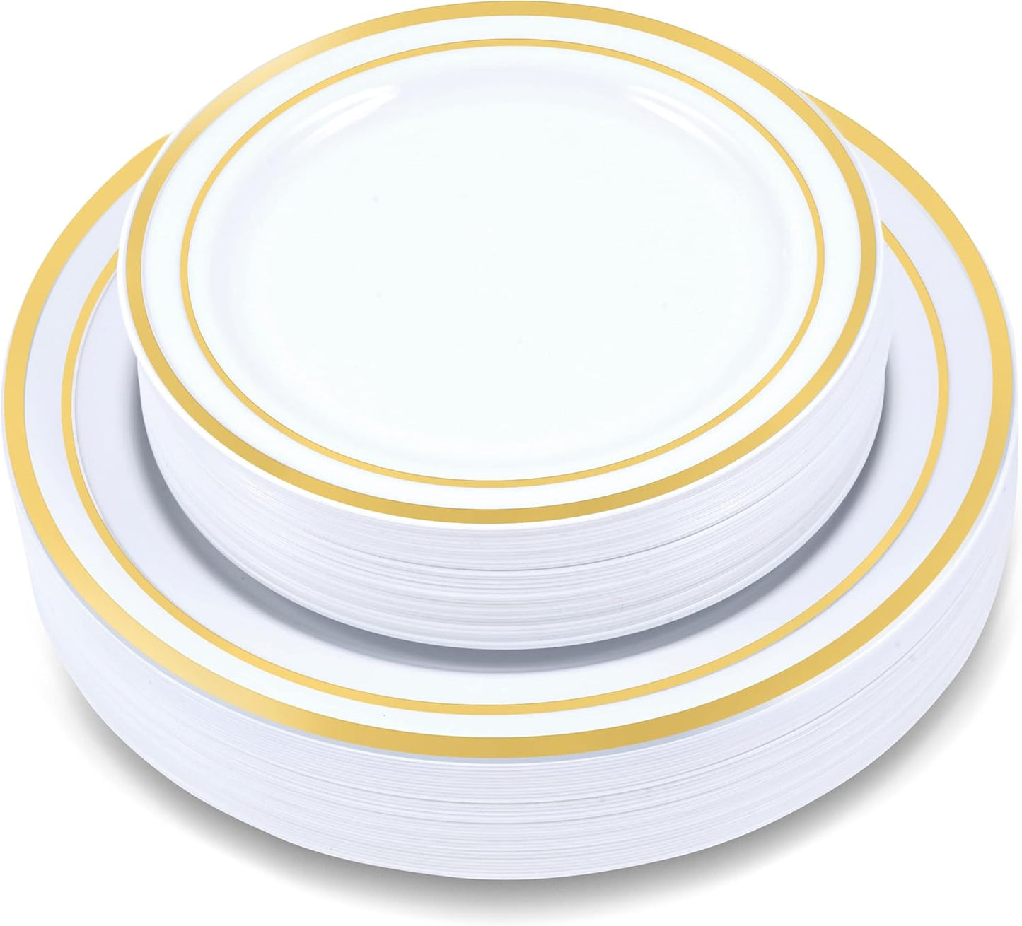60 Pieces White Plastic Disposable Plates - Premium Heavy-Duty 30 Dinner Plates & 30 Salad Plates with Gold Rim Ideal for Party, Birthday and Special Events