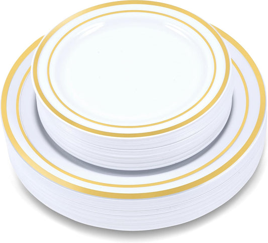 120-Piece Plastic Plates Set - Premium 60 Dinner & 60 Salad Plates, Disposable for Party - White with Gold Rim
