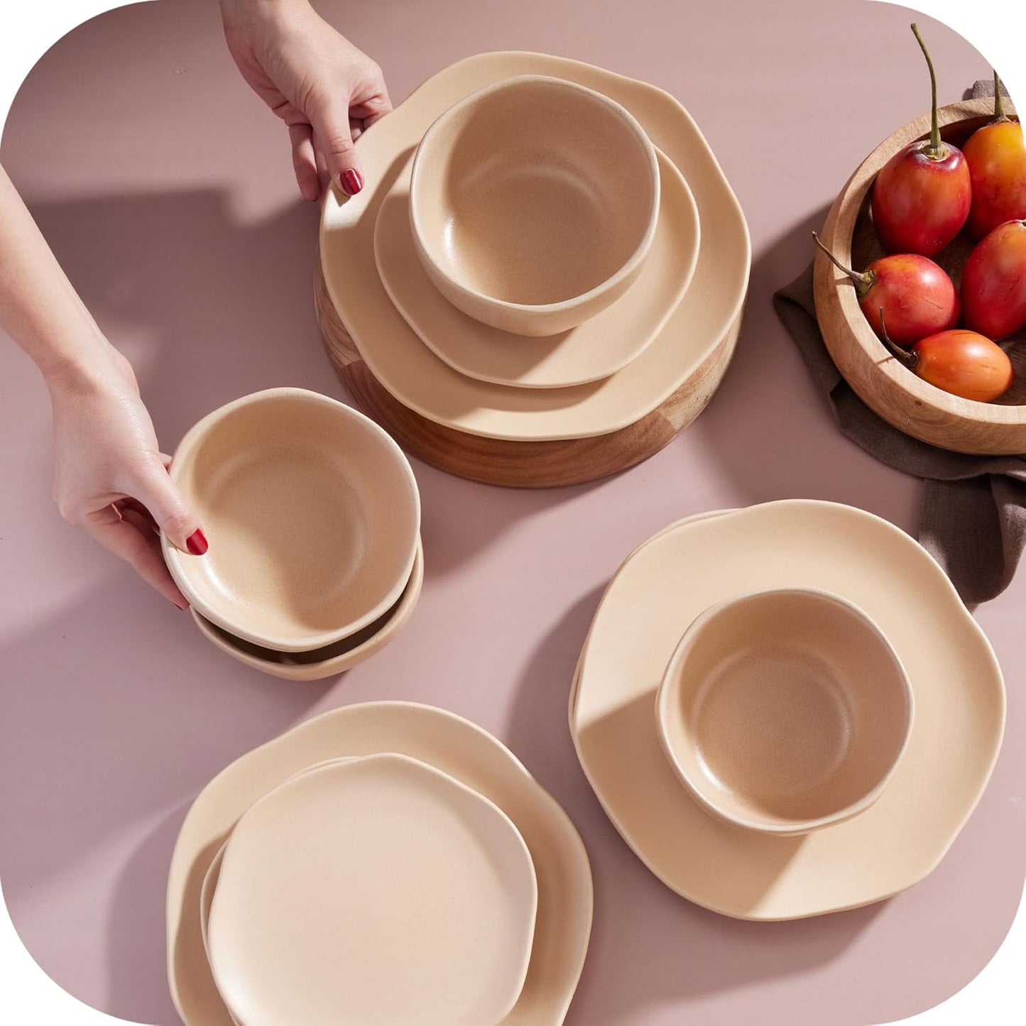 Corona Dinnerware Set 12–piece, Plates and Bowls Set, Ceramic Sets for 4, Microwave and Dishwasher Safe, Areia Modern Organic Shape.