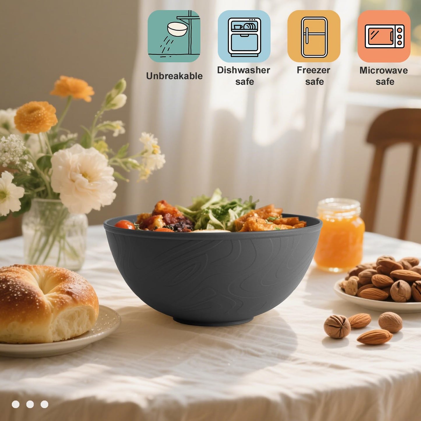 Wrova Black Cereal Bowls 40oz for Cereal Lover,Unbreakable Alternative Plastic Bowls Set of 6,Extra Thick Anti-Scald Bowl Sets suitable for Salad,Soup and Fruit.