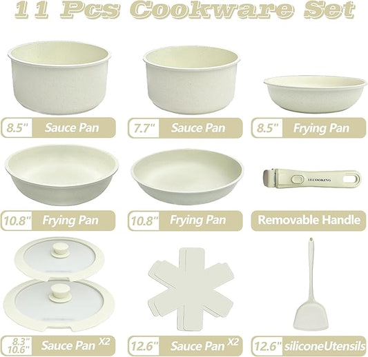 11 PCS Pots and Pans Set, Cookware set with removable Handles, Dishwasher and oven Safe, Detachable Cooking Set, Induction and Gas Stove kitch set, White