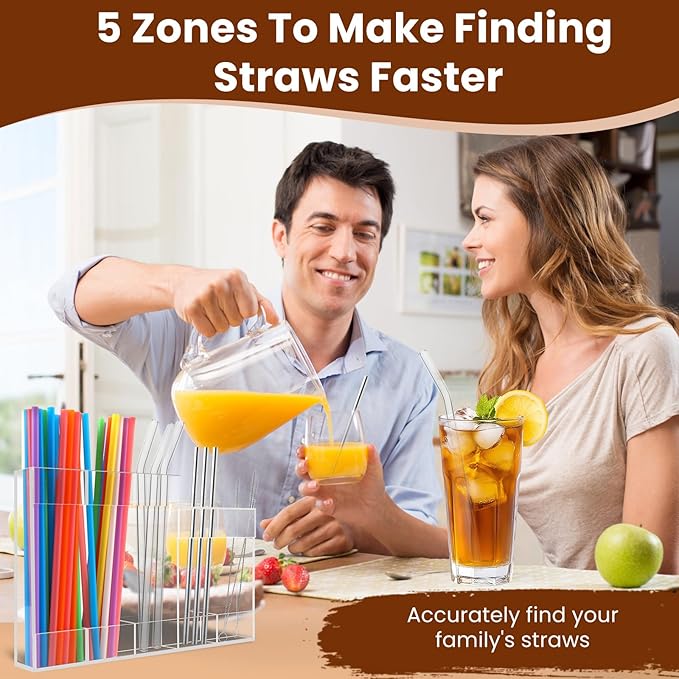 Acrylic Straw Dispenser Organizer - Reusable Metal Straw Holder for Countertop & Cabinet Storage - Ideal for Tumbler Cups, Keep Straws Neat & Accessible, Compatible with Long & Short Straws (Clear)