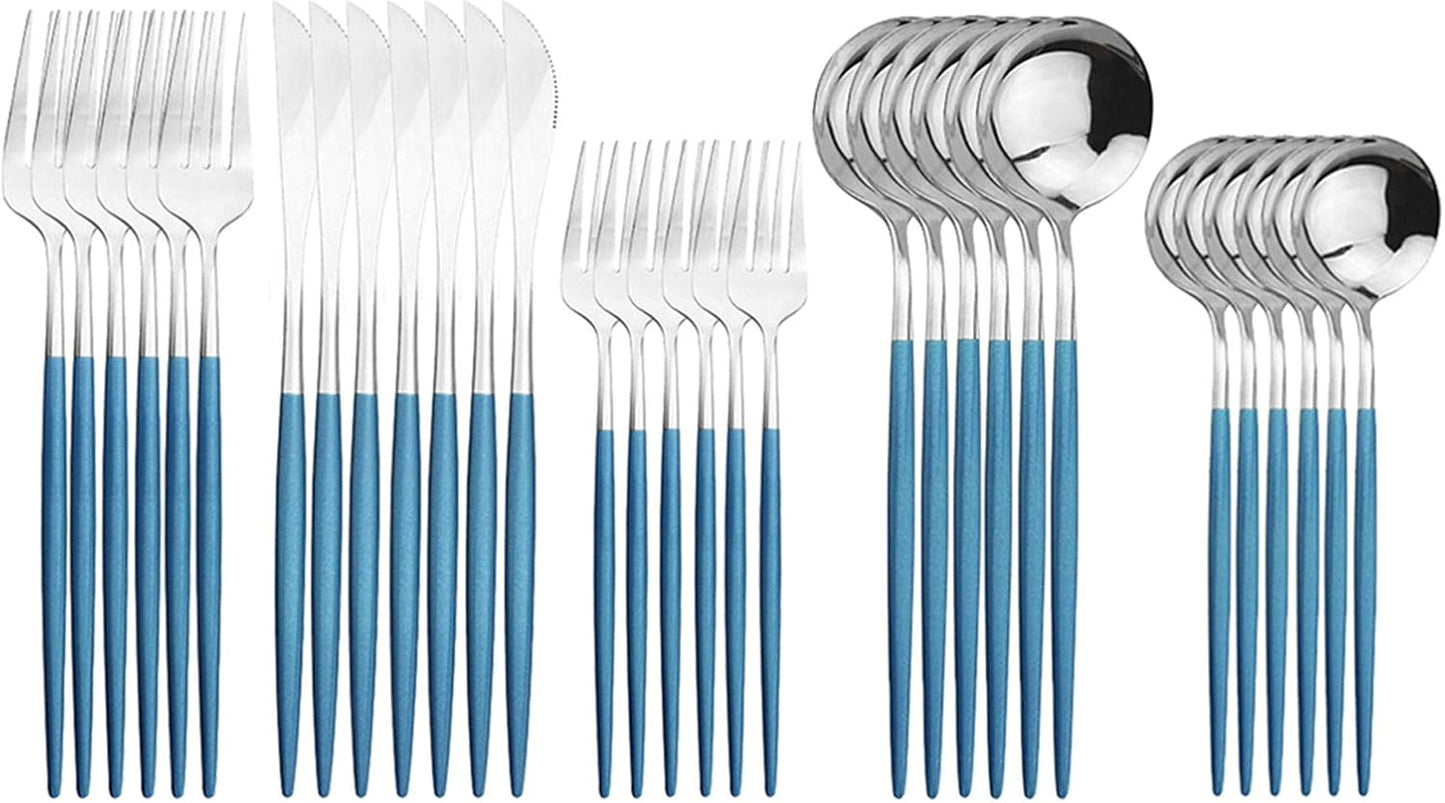 Silverware Set – 30 Piece Family Dinnerware Set – Flatware Set Service For 6 – Blue Silver Tableware Sets – Cutlery Great For Family Gatherings & Daily Use – Spoons, Knives, Forks