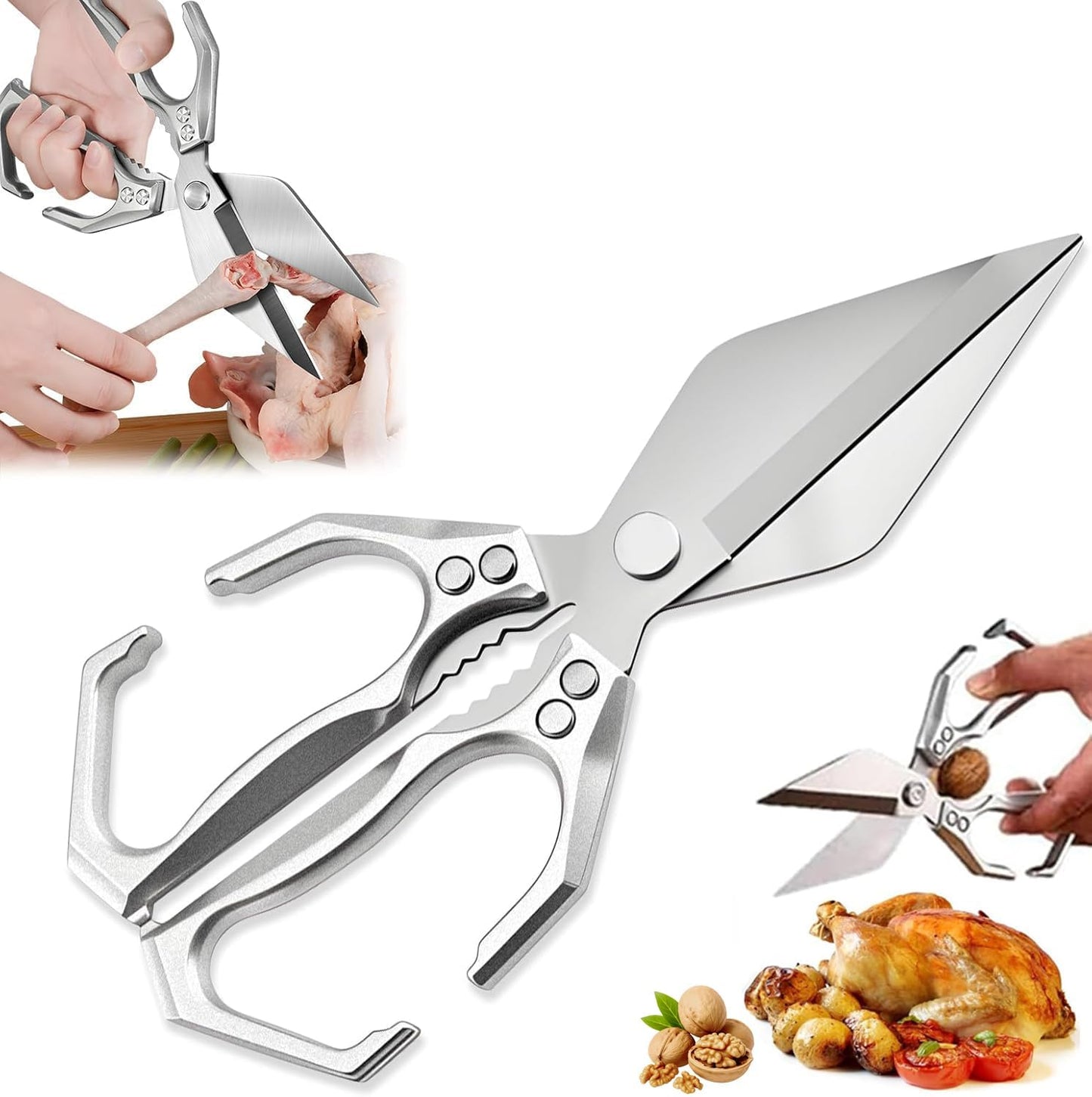 Multifunctional Heavy-Duty Kitchen Shears, Poultry Shears with Ergonomic Handle, High-Carbon Steel Culinary Shears for Chicken, Meat, Seafood, Bone Cutting, Dishwasher Safe (Silver)
