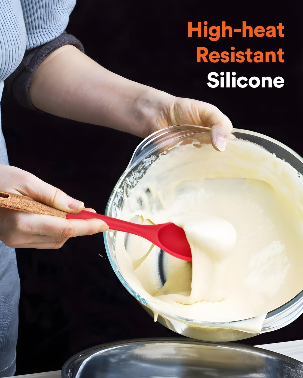 Large Silicone Cooking Spoons, Nonstick Solid Wooden Handle Spoon, Heat Resistan Silicone Kitchen Spoons for Cooking, Serving, Basting, Mixing, 13.2inch (RED)