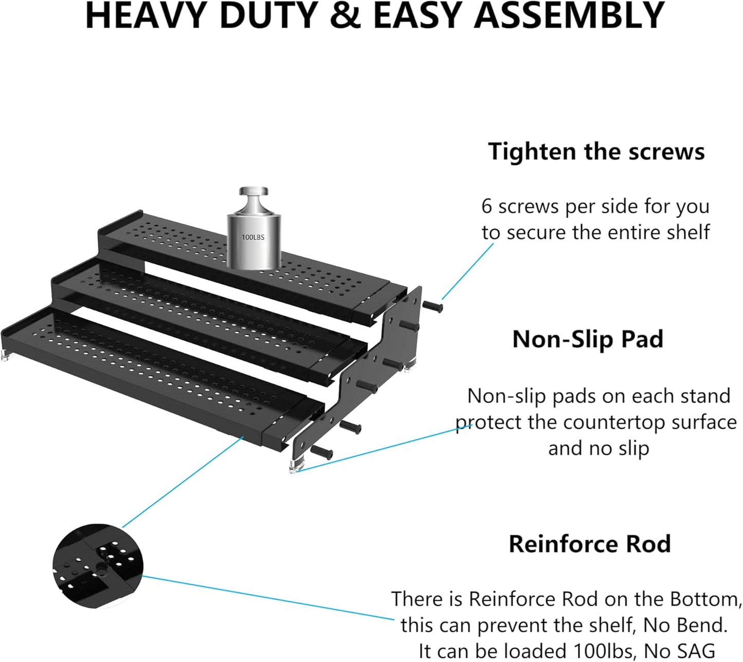 Expandable Spice Rack organizer with 3-Tier step shelf,Modern Design heavy duty,Non Skid and Visibility ,Great for Kitchen Cabinet,Bathroom,dressing table,Cupboard, Pantry and more(3PACKS/BLACK)