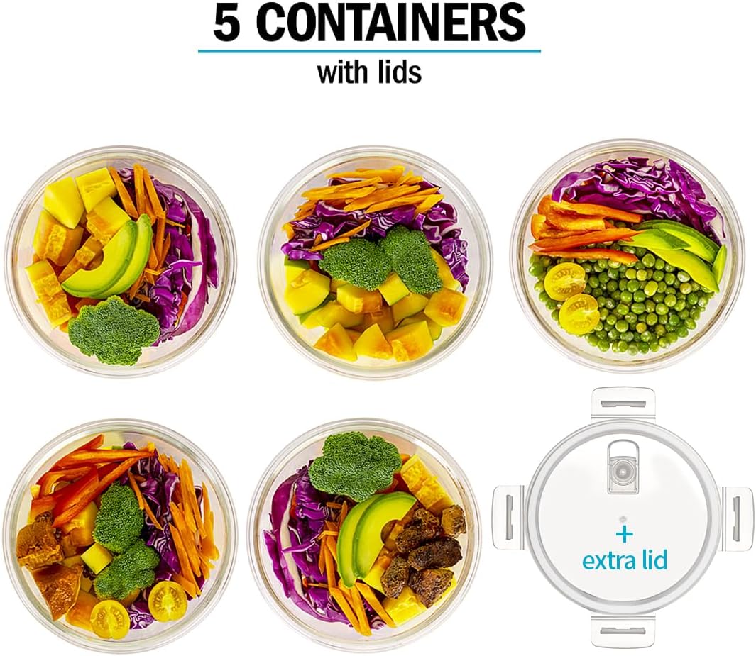 Igluu Meal Prep Glass Containers [5 pack + extra lid] - Glass Food Storage, Microwave, Oven, Freezer & Dishwasher -safe - Airtight Meal Prep Boxes with Snap Lock Steam Vent Lids, BPA-Free (950ml 32oz)