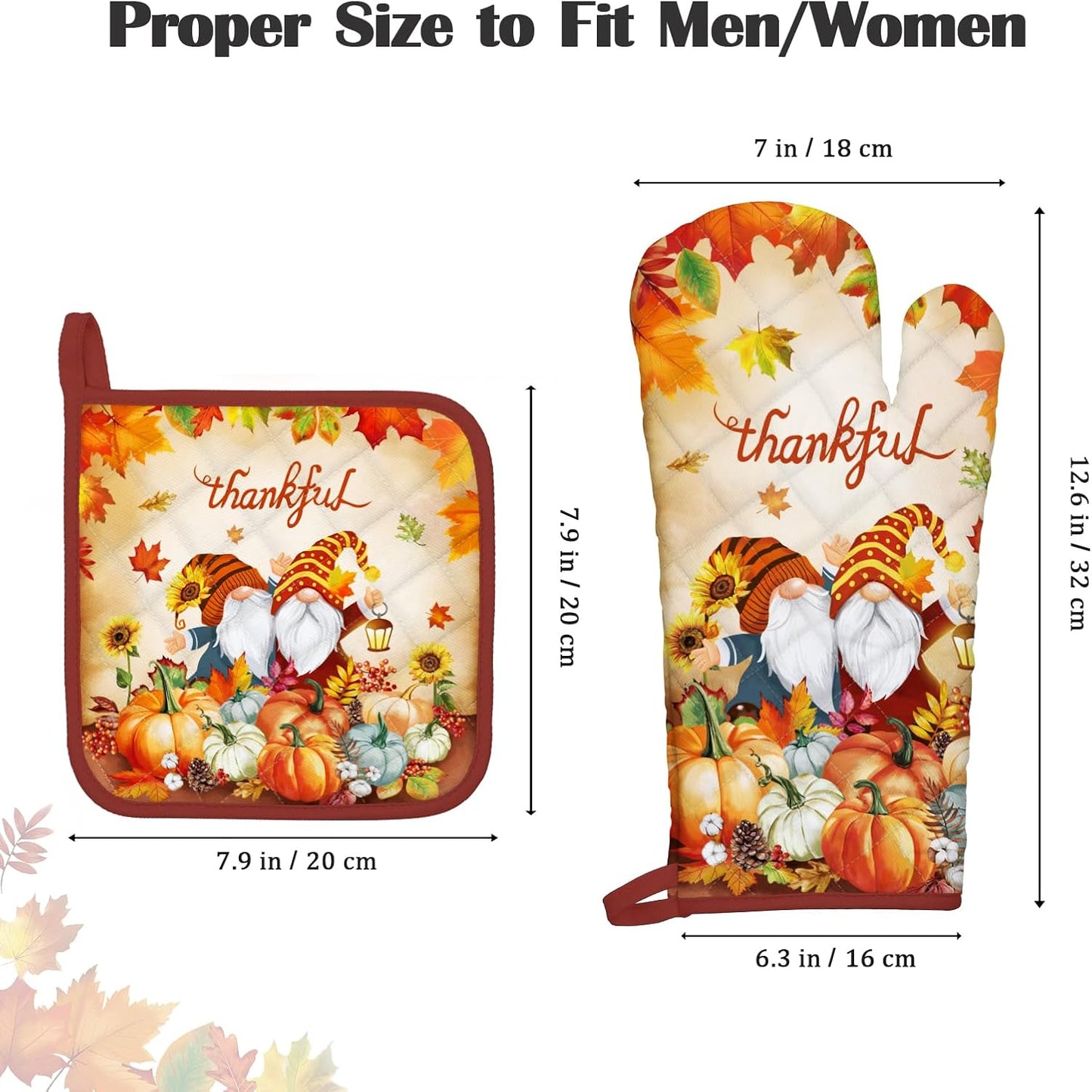 Thanksgiving Fall Gnome Oven Mitts and Pot Holders Sets 2Pcs, 100% Cotton Pumpkin Heat Resistant Extra Long Oven Gloves Potholder for Kitchen Cooking Baking Decoration