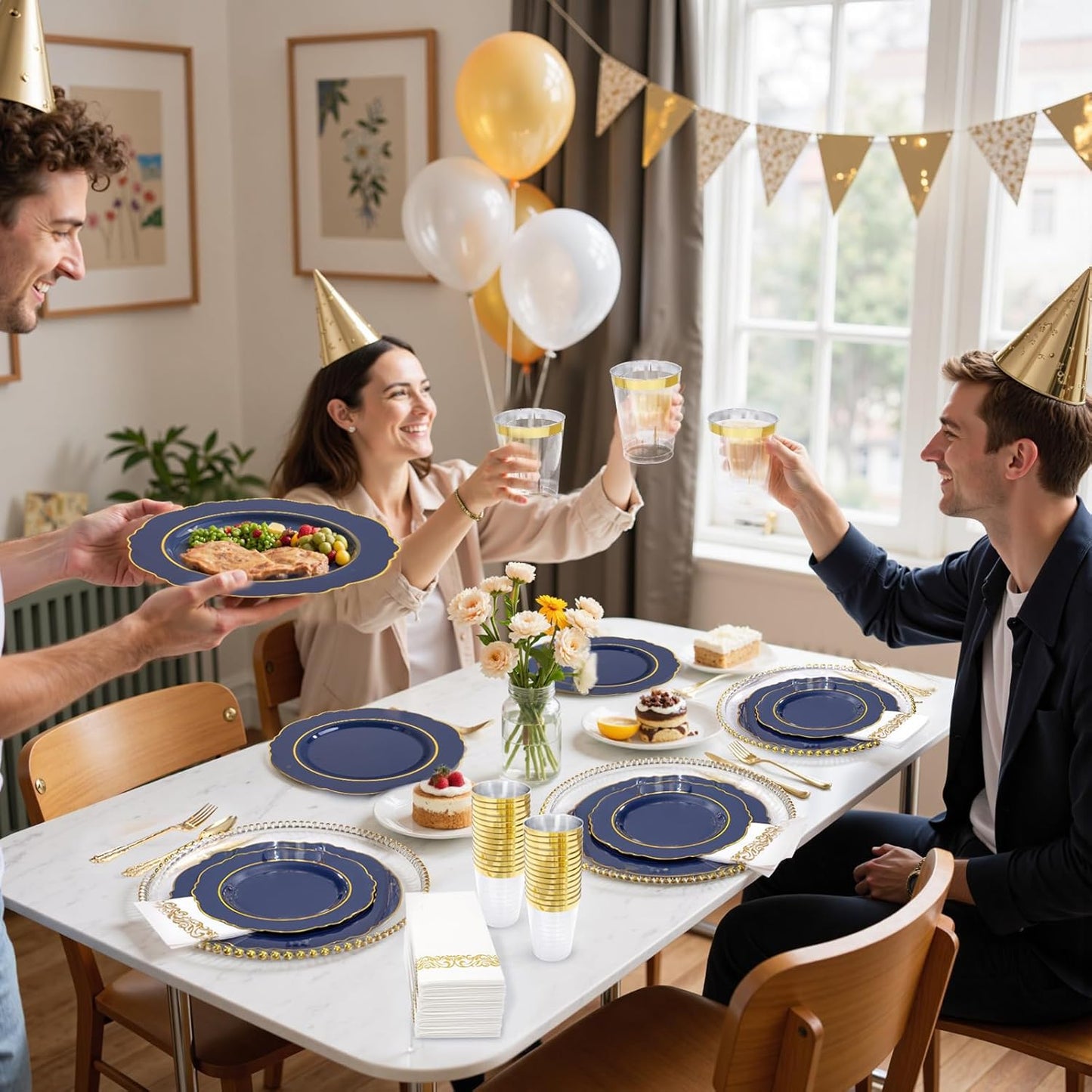 KIRE 210Pcs Navy Blue Plastic Plates - Blue Plates Disposable - 30guest Baroque Plastic Dinnerware for Upscale Wedding/Parties